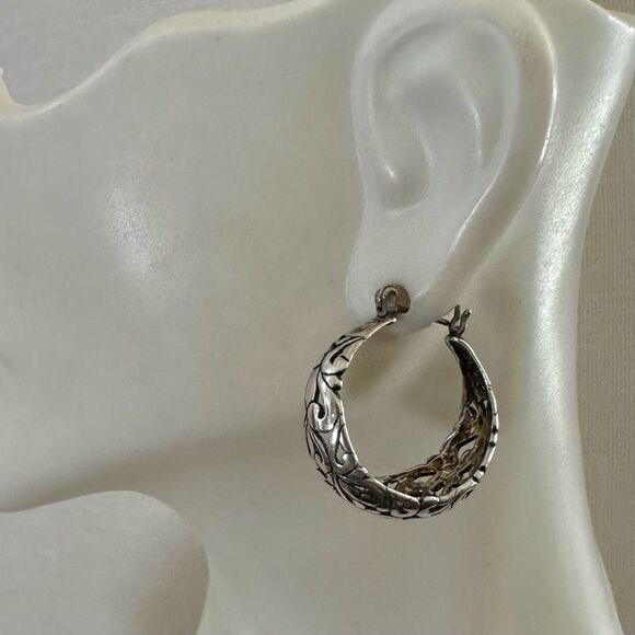 Vintage Sterling Silver Ornate Scroll Hoop Earrings - Picture 3 of 7